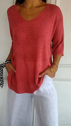Mia™ - Cozy Top with Knitted V-Neck — Allmycloset