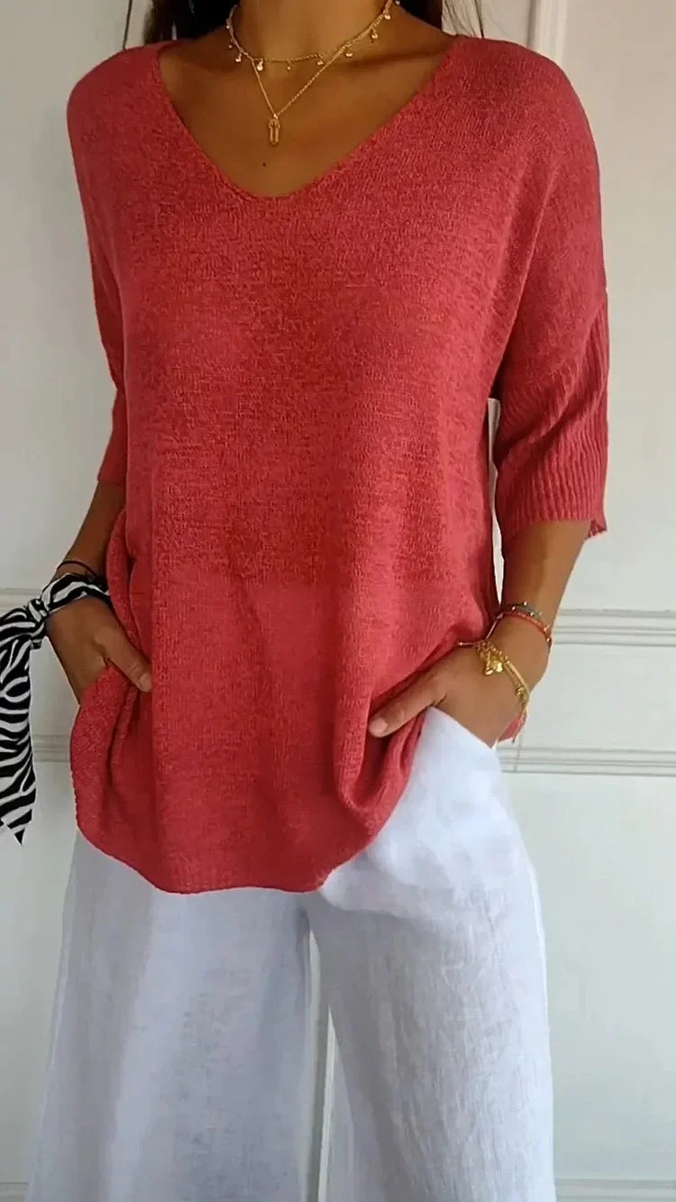 Mia™ - Cozy Top with Knitted V-Neck — Allmycloset