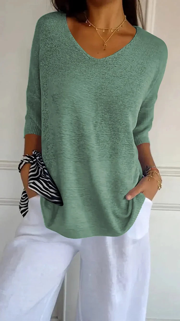 Mia™ - Cozy Top with Knitted V-Neck — Allmycloset (view 8)