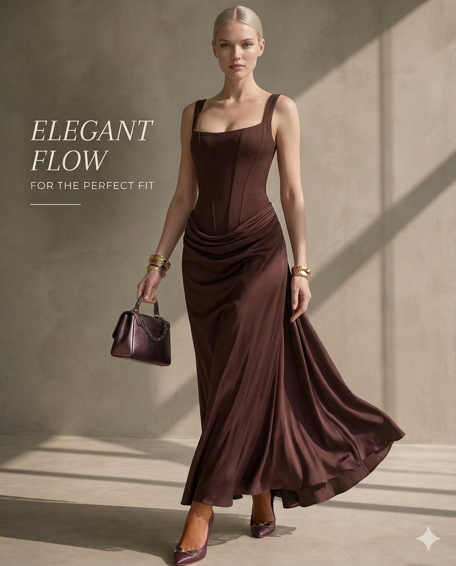 Maxi Dress for Women Fall Evening Dress with Square Neck and Draped Waist Silhouette — Allmycloset (view 7)