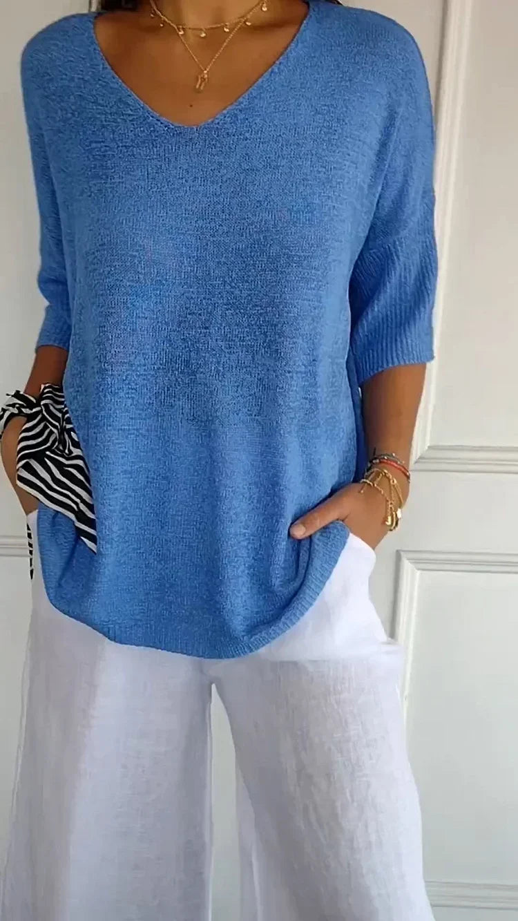 Mia™ - Cozy Top with Knitted V-Neck — Allmycloset (view 2)