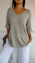Mia™ - Cozy Top with Knitted V-Neck — Allmycloset (view 9)