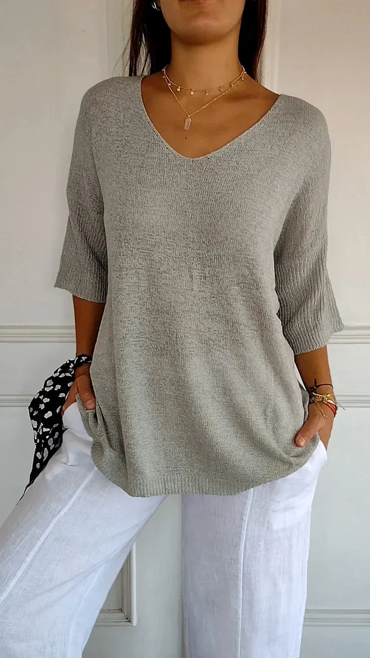 Mia™ - Cozy Top with Knitted V-Neck — Allmycloset (view 9)
