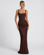 Maxi Dress for Women Fall Evening Dress with Square Neck and Draped Waist Silhouette — Allmycloset