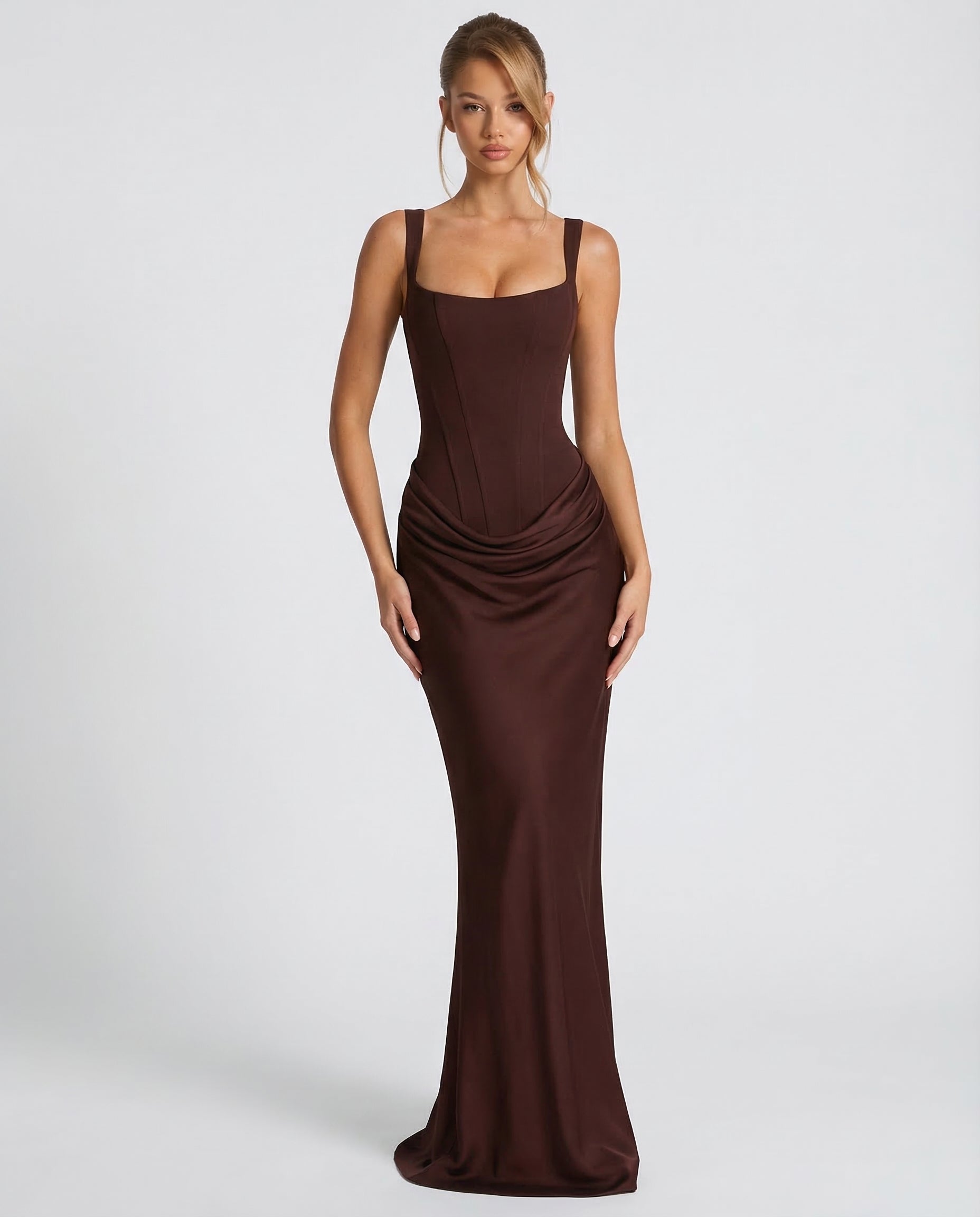 Maxi Dress for Women Fall Evening Dress with Square Neck and Draped Waist Silhouette — Allmycloset