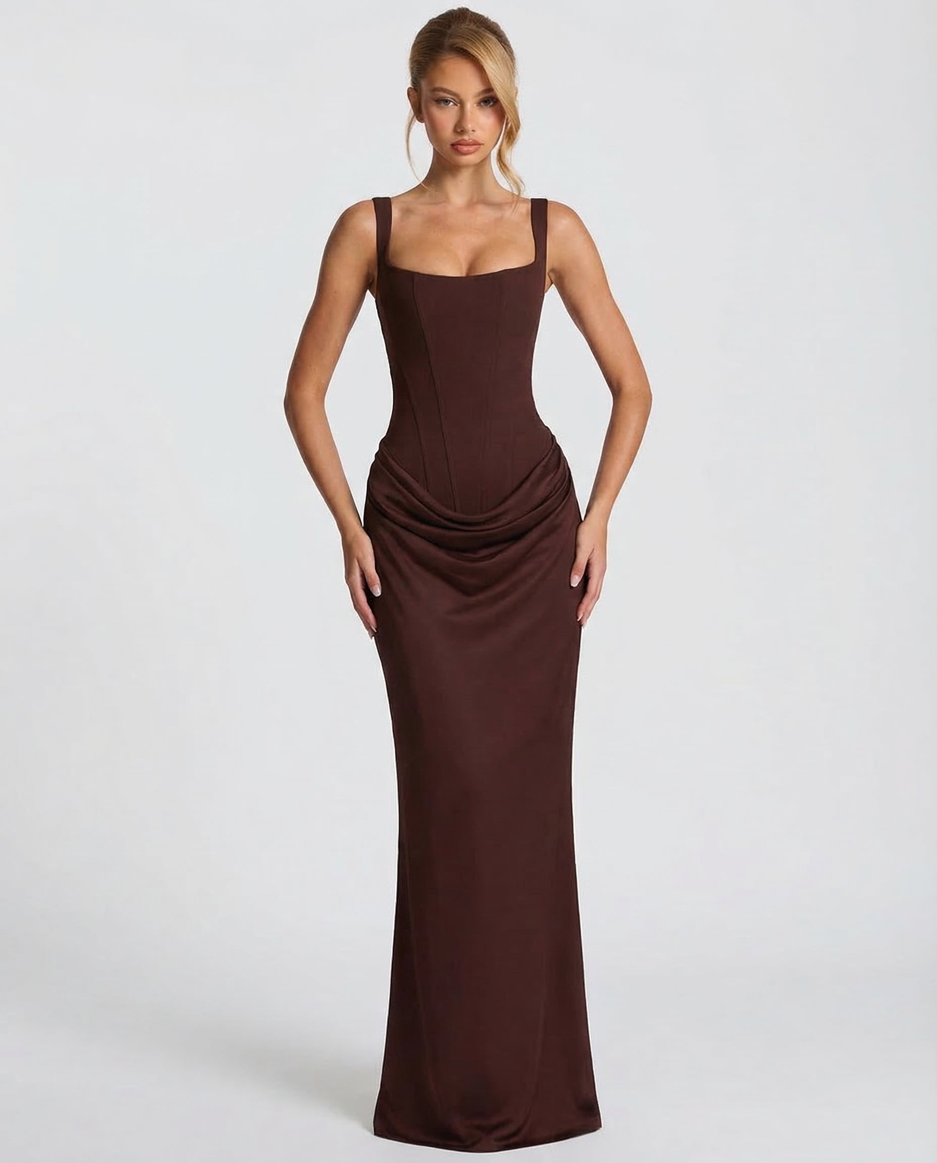 Maxi Dress for Women Fall Evening Dress with Square Neck and Draped Waist Silhouette — Allmycloset (view 9)