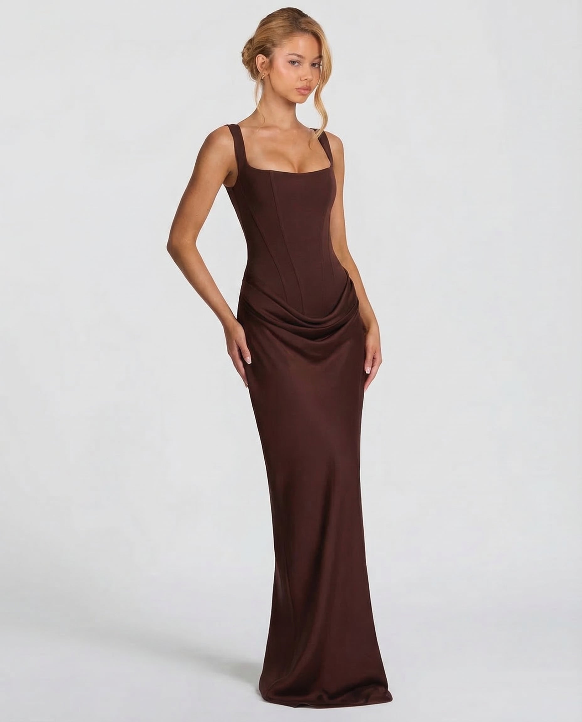 Maxi Dress for Women Fall Evening Dress with Square Neck and Draped Waist Silhouette — Allmycloset (view 11)