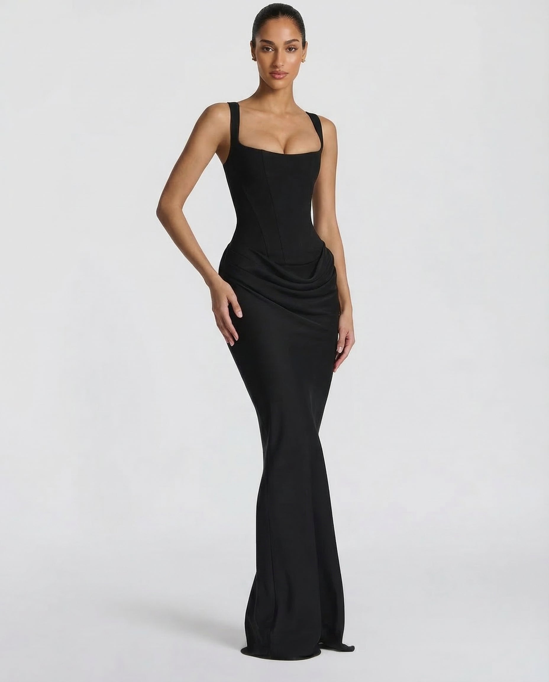 Maxi Dress for Women Fall Evening Dress with Square Neck and Draped Waist Silhouette — Allmycloset (view 2)