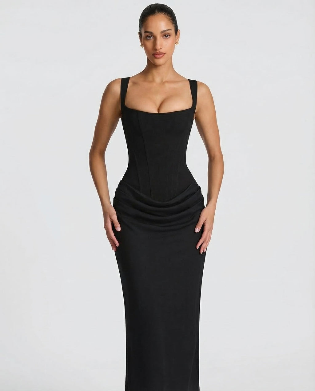 Maxi Dress for Women Fall Evening Dress with Square Neck and Draped Waist Silhouette
