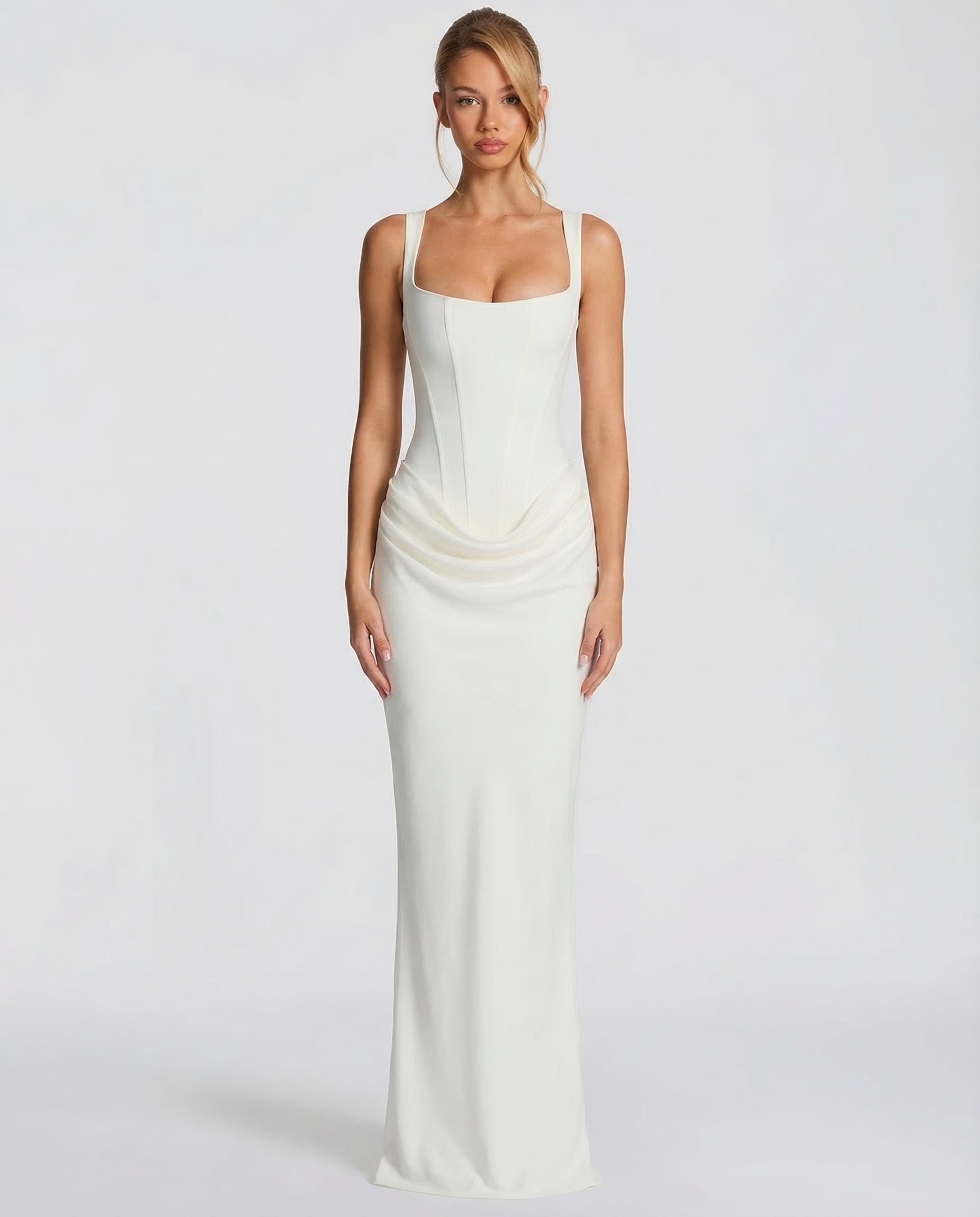 Maxi Dress for Women Fall Evening Dress with Square Neck and Draped Waist Silhouette — Allmycloset (view 3)