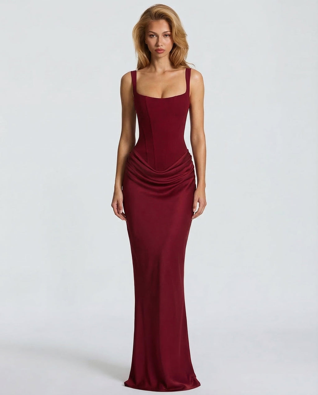Maxi Dress for Women Fall Evening Dress with Square Neck and Draped Waist Silhouette — Allmycloset (view 4)
