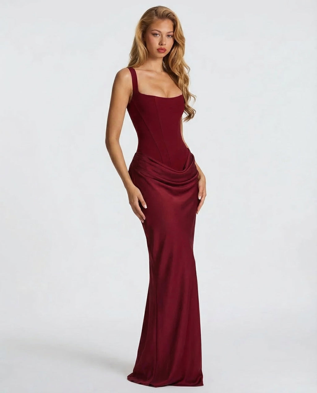 Maxi Dress for Women Fall Evening Dress with Square Neck and Draped Waist Silhouette