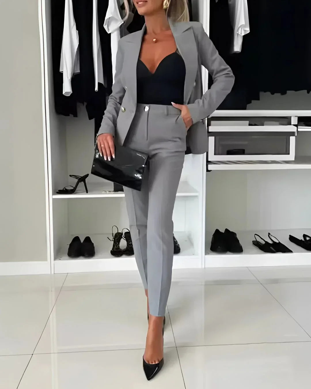 Women's Tailored Suit Set Fall Double Breasted Blazer and Pants for Business Meetings — Allmycloset (view 6)