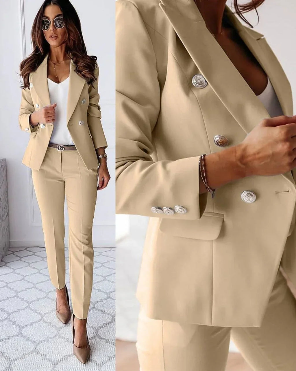 Women's Tailored Suit Set Fall Double Breasted Blazer and Pants for Business Meetings — Allmycloset (view 2)