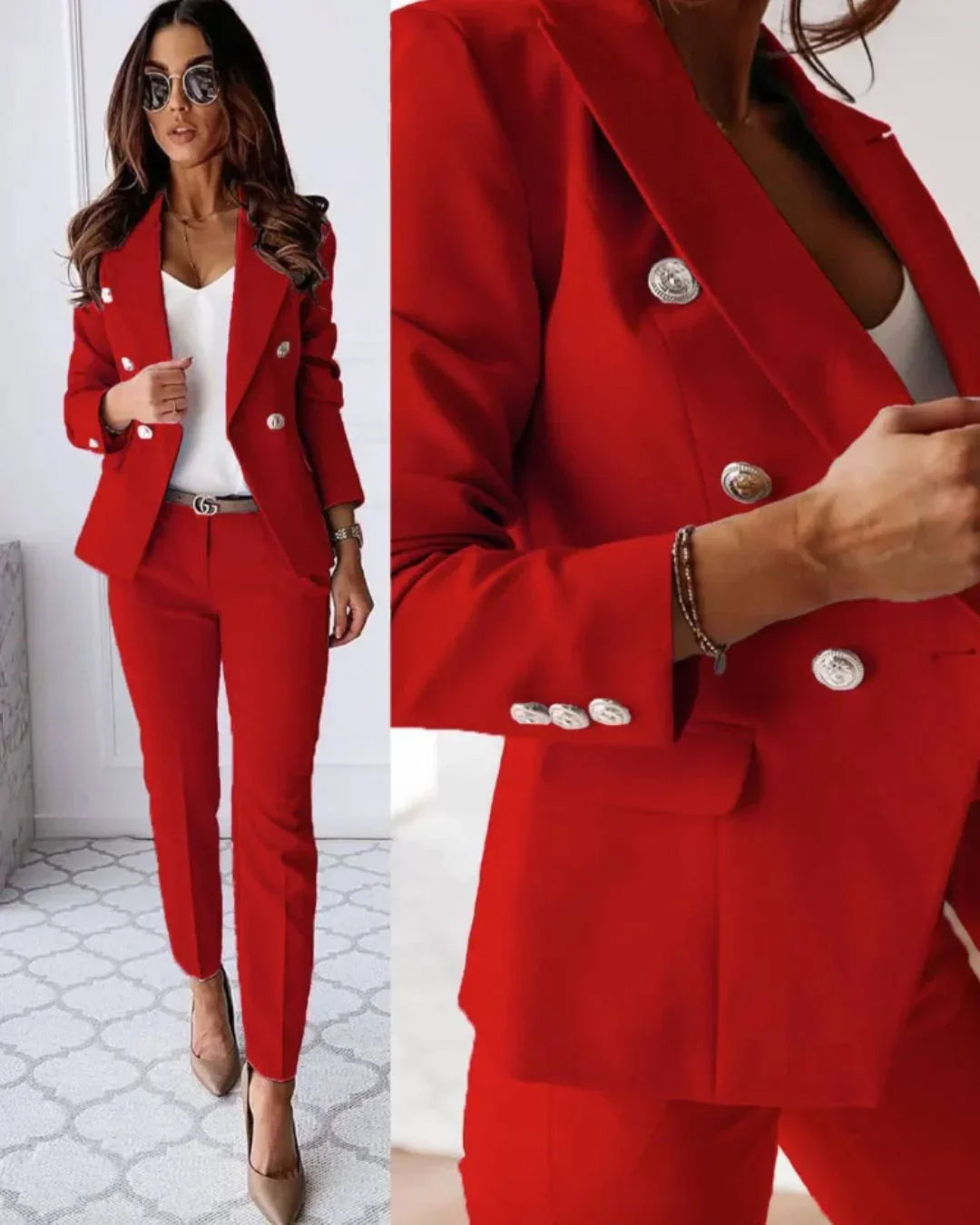 Women's Tailored Suit Set Fall Double Breasted Blazer and Pants for Business Meetings — Allmycloset (view 3)