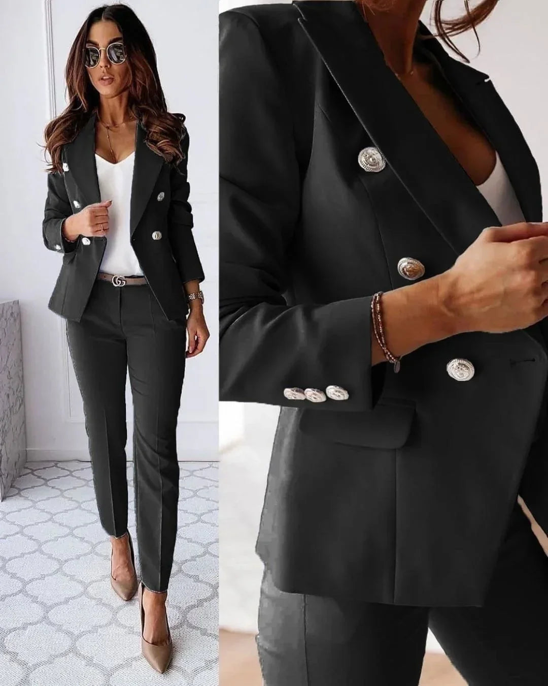Women's Tailored Suit Set Fall Double Breasted Blazer and Pants for Business Meetings — Allmycloset