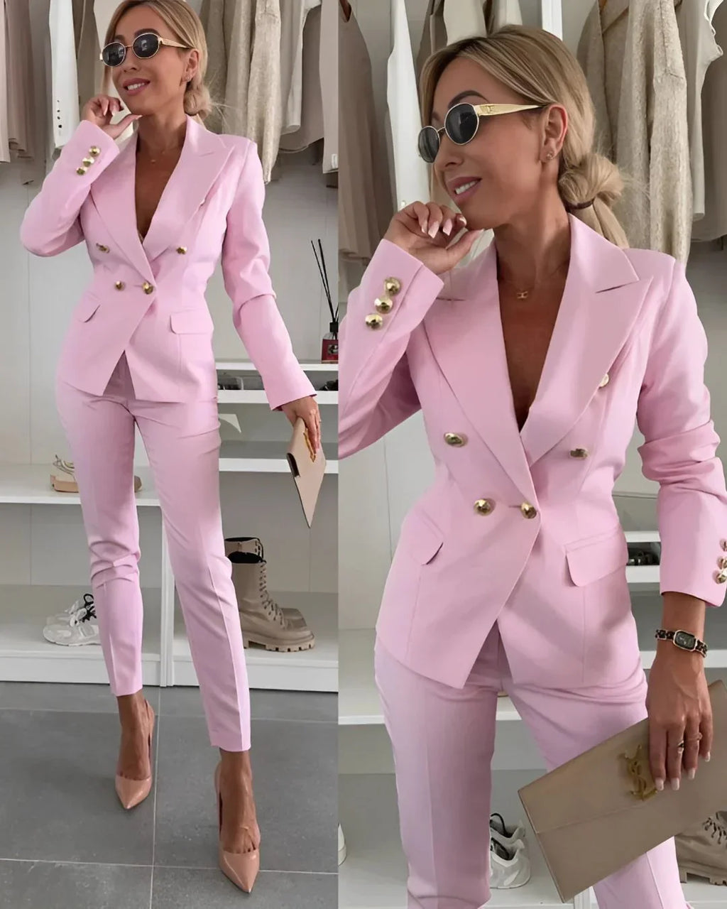 Women's Tailored Suit Set Fall Double Breasted Blazer and Pants for Business Meetings — Allmycloset (view 4)