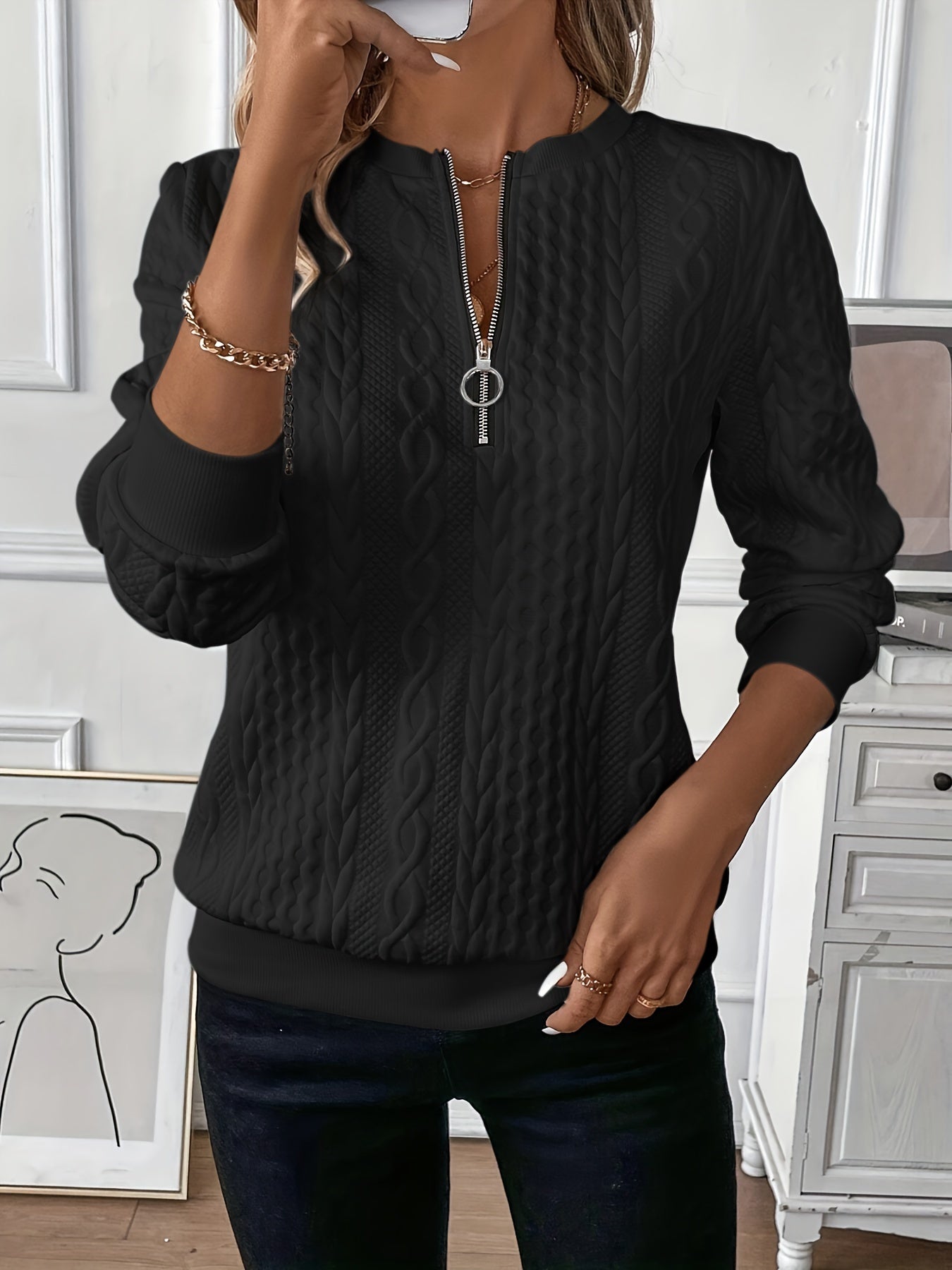 Women's Half-Zip Jumper with Ring Pull | Ribbed Hem